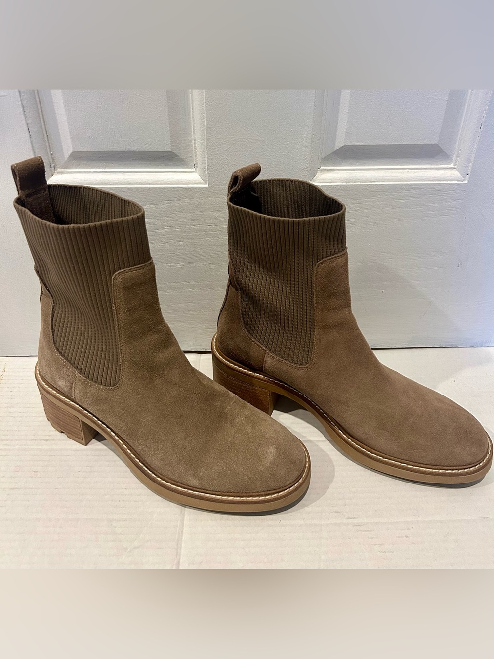 Steve Madden Taupe Suede Ankle Booties with Knit Shaft